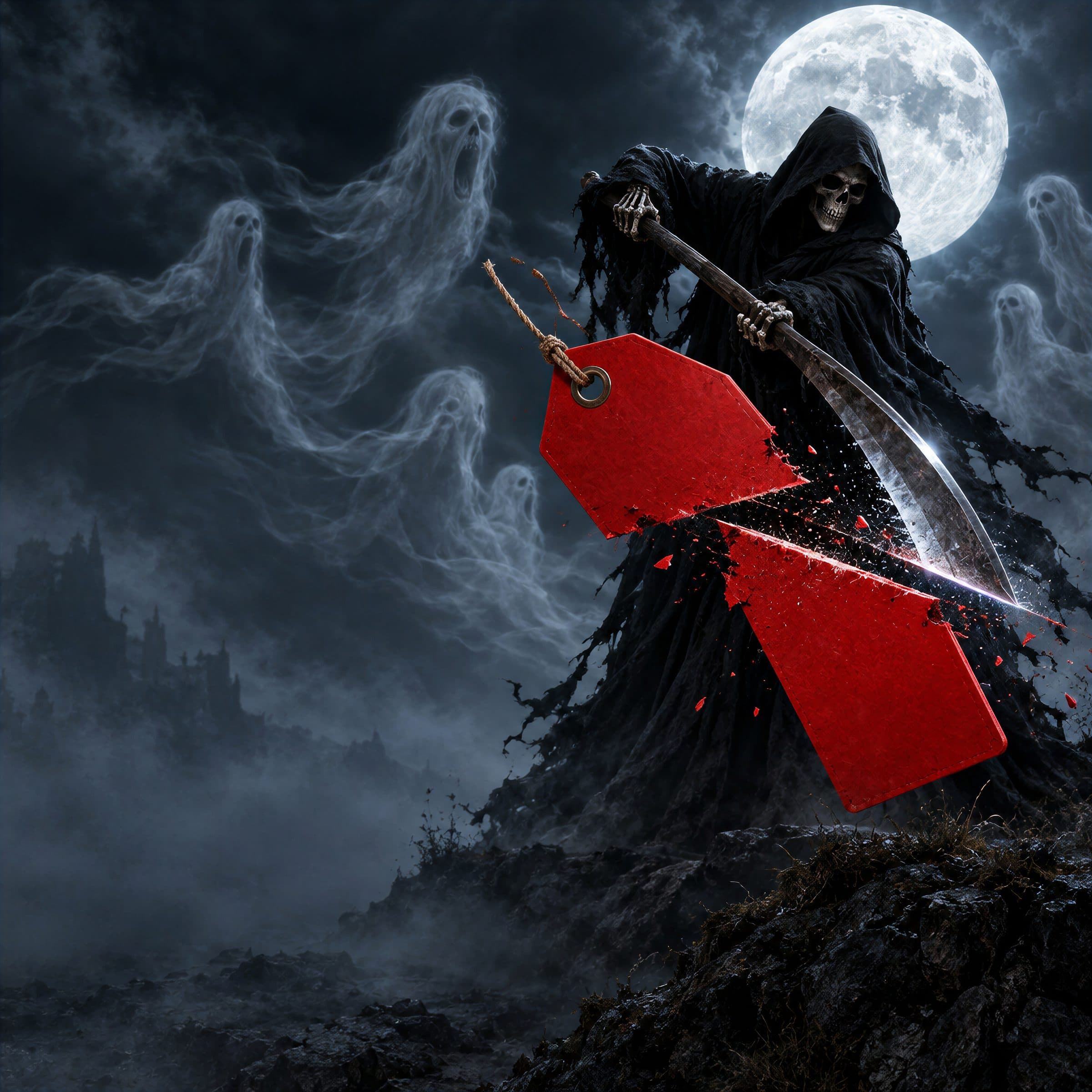 The grim reaper slicing a red price tag in half with his scythe, under a full moon, ghosts drifting behind him