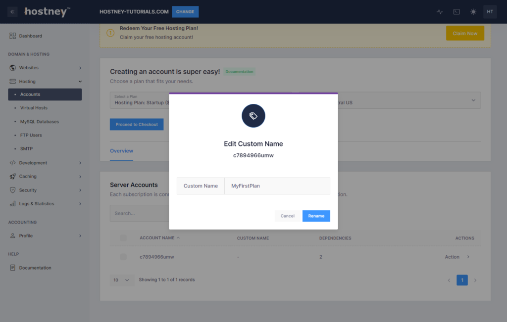 Web Hosting - Rename Hosting Account