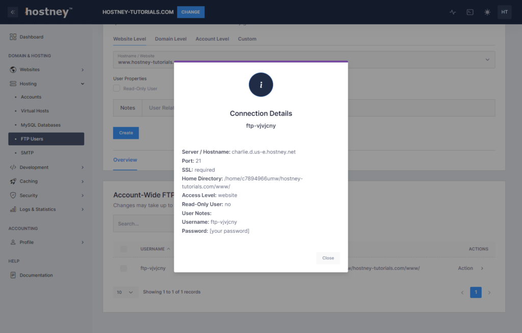 Web Hosting - FTP Connection Details